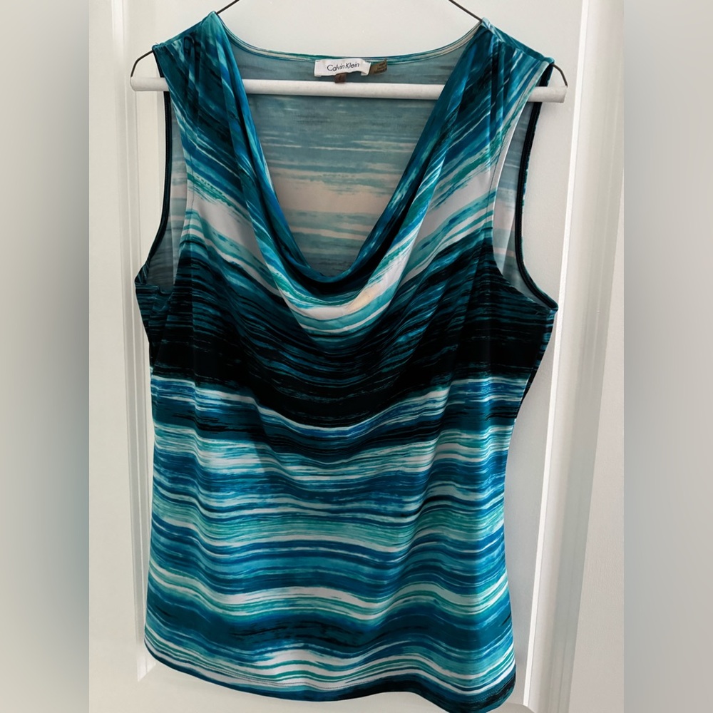 Calvin Klein Teal and Black Striped Blouse